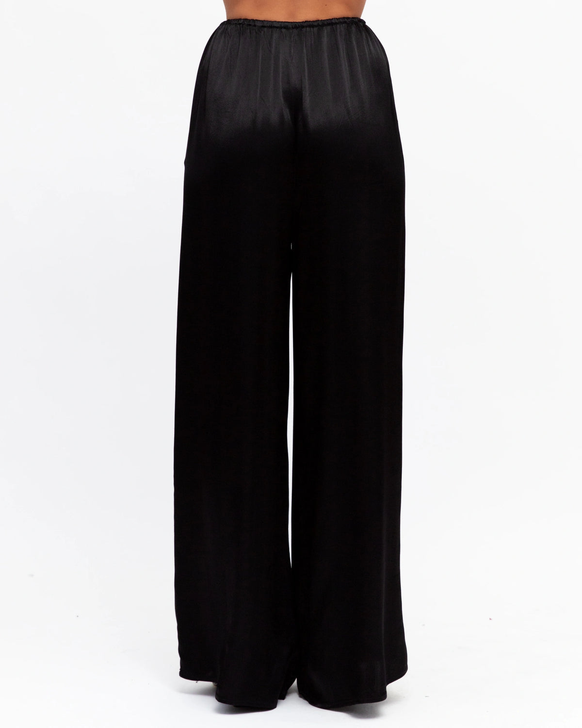 Black satin wide-leg pants on a white background
