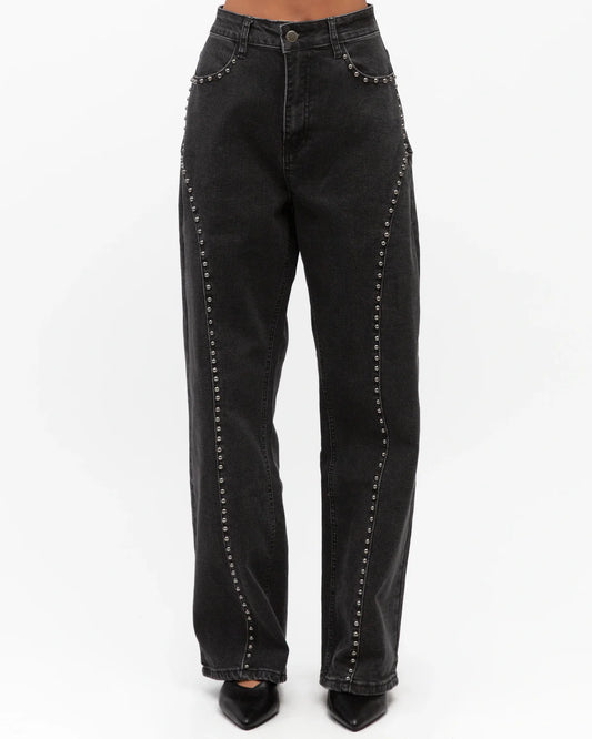 Contrasting Stud Denim Pants Charcoal