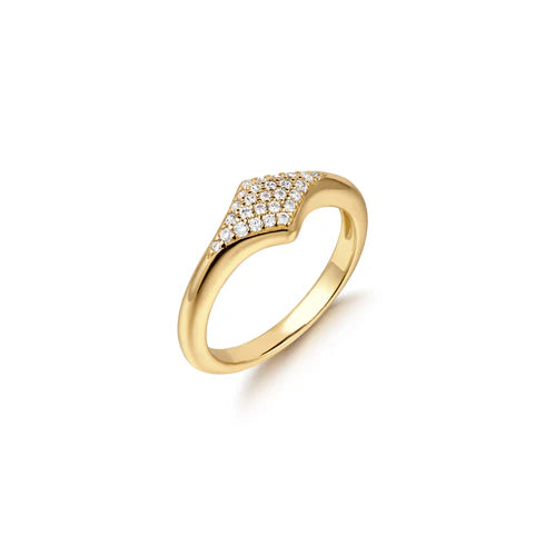 Gold ring with diamond look accents on a white background