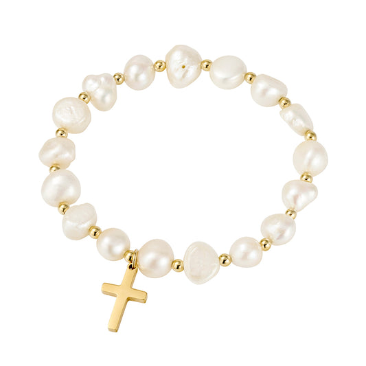 Freshwater Pearl Rosary Bracelet with Gold Cross